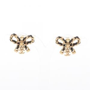 CHANEL Coco Mark Ribbon Earrings, Gold-Plated Leather, Women's, Gold and Black